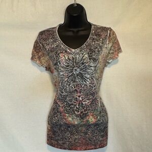 F-177 Cato Pink & Gray Sequin‎ Detail Short Sleeve Pullover Blouse Size M